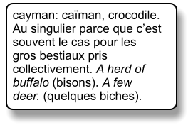 cayman: caman, crocodile. Au singulier parce que cest souvent le cas pour les gros bestiaux pris collectivement. A herd of buffalo (bisons). A few deer. (quelques biches).