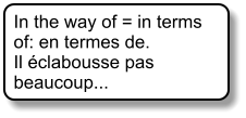 In the way of = in terms of: en termes de. Il éclabousse pas beaucoup...